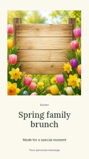 Wooden sign with tulips and Easter eggs in Spring family brunch · Quiet photo gallery