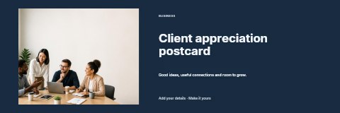 Diverse colleagues collaborating in meeting in Client appreciation postcard banner template