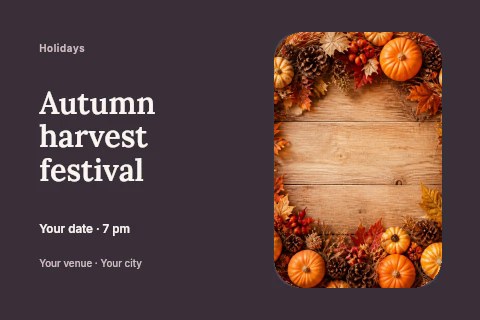 Autumn wreath with pumpkins and pinecones in Autumn harvest festival postcard template