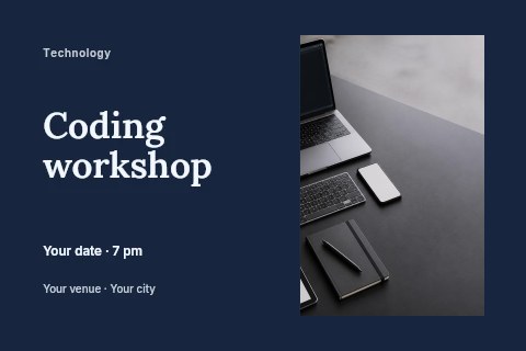 Minimalist workspace with laptop and devices in Coding workshop postcard template