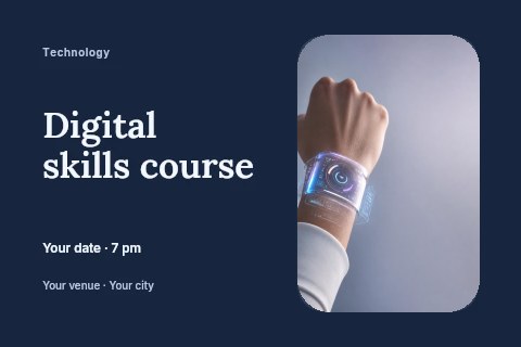 Futuristic transparent smartwatch interface on wrist in Digital skills course postcard template