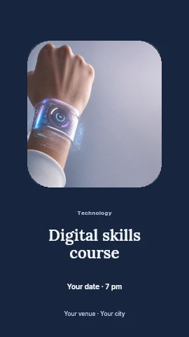 Futuristic transparent smartwatch interface on wrist in Digital skills course instagram story template