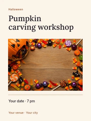 Halloween candy spilling from pumpkin basket in Pumpkin carving workshop invitation template