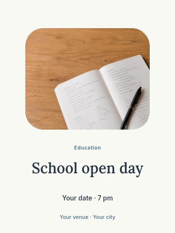 open notebook with pen on wooden surface in School open day invitation template