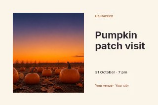 Pumpkin Patch at Sunset with Scarecrow in Pumpkin patch visit · Horizontal photo dialogue