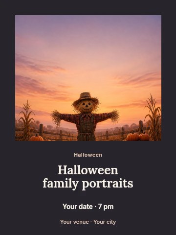 Scarecrow amidst pumpkins at sunset in Halloween family portraits invitation template