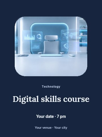 Modern empty office desk with virtual interface in Digital skills course invitation template