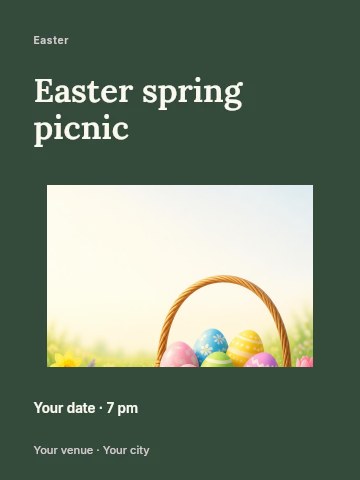 Easter basket with colorful decorated eggs in Easter spring picnic invitation template