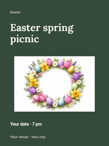 Colorful Easter Wreath with Flowers and Eggs in Easter spring picnic invitation template