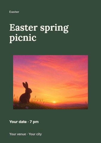 Rabbit silhouette at sunset on flower meadow in Easter spring picnic flyer template