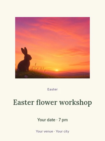 Rabbit silhouette at sunset on flower meadow in Easter flower workshop invitation template