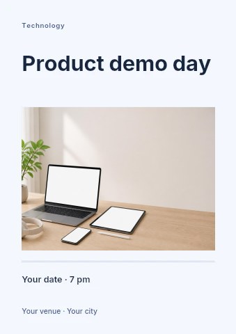 Modern workspace with laptop tablet smartphone in Product demo day flyer template
