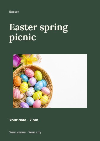 Easter basket with colorful eggs and spring flowers in Easter spring picnic flyer template