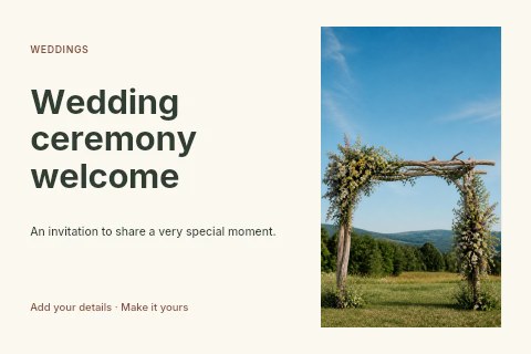 Rustic wooden wedding arch with flowers in Wedding ceremony welcome postcard template