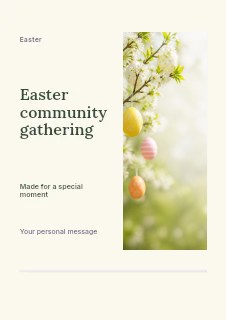 Pastel Easter eggs hanging on tree in Easter community gathering · Split portrait