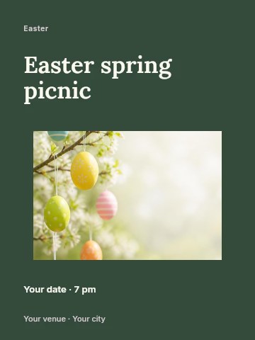 Pastel Easter eggs hanging on tree in Easter spring picnic poster template