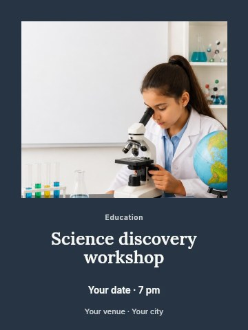 Young girl using microscope in science classroom in Science discovery workshop invitation template