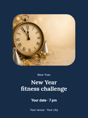 vintage clock with new year party decorations in New Year fitness challenge invitation template
