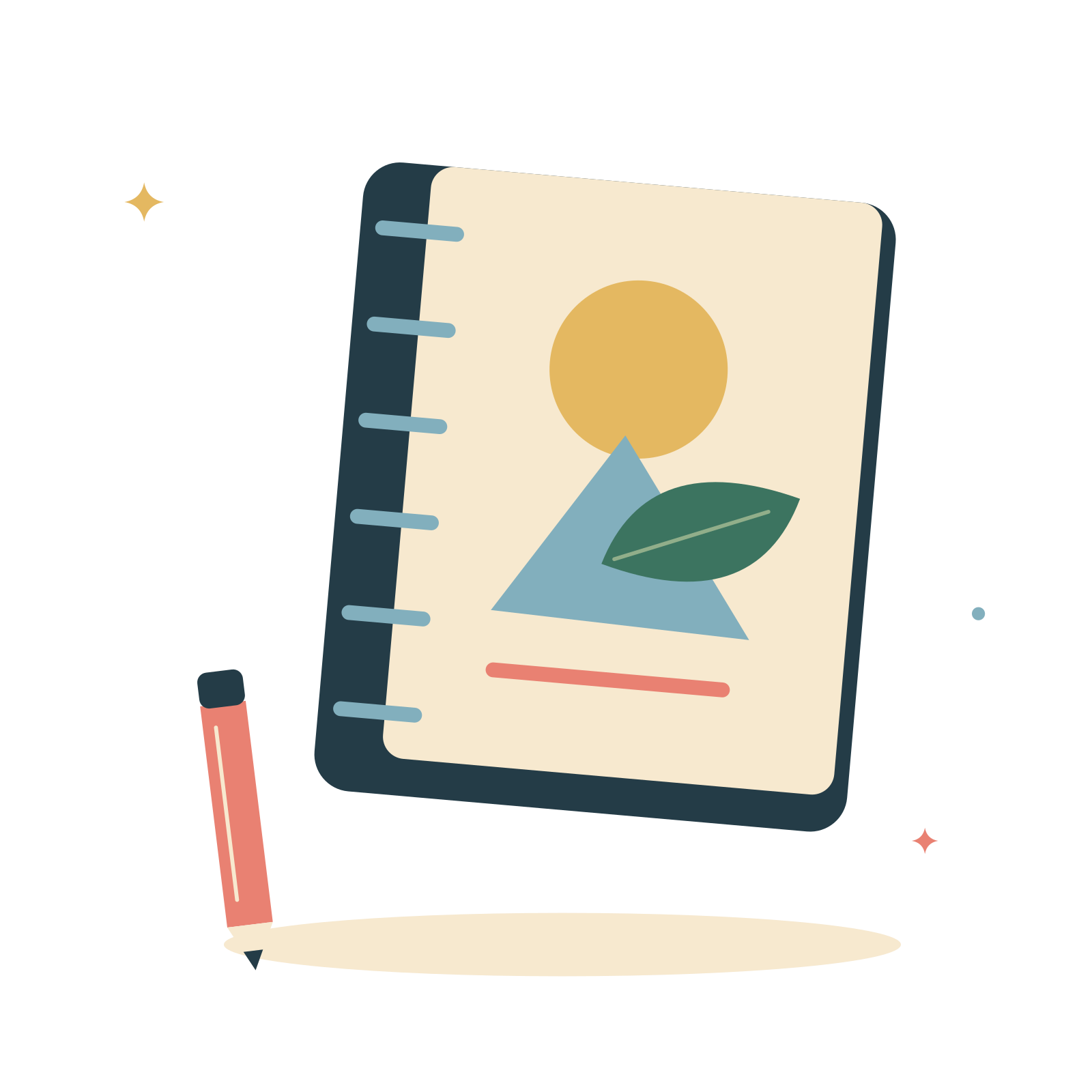 Open sketchbook and coloured pencil.
