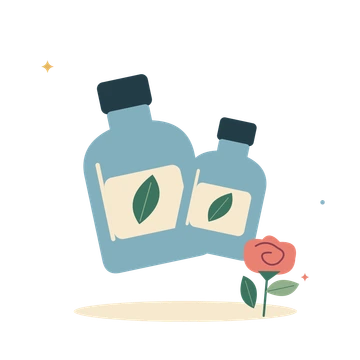 Botanical glass bottles and a flower.