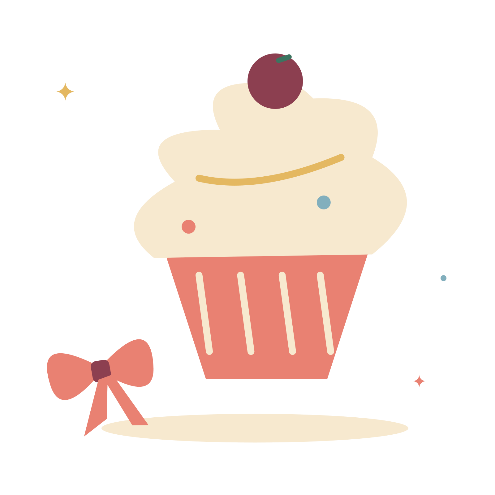 Cherry cupcake and party ribbon.