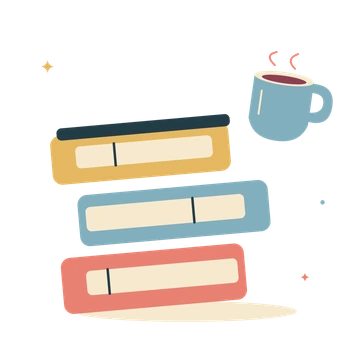Colourful book stack and reading tea.