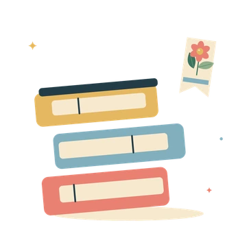 A book stack with a floral bookmark.