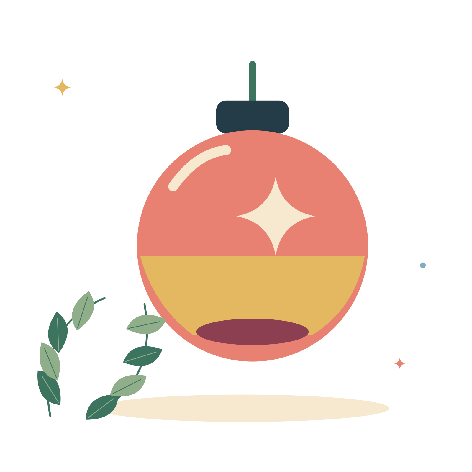 Christmas bauble and leafy branch.