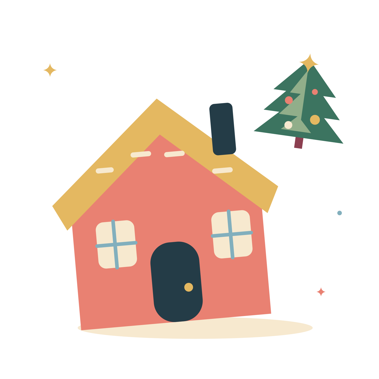 Gingerbread cottage and winter tree.