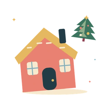 Gingerbread cottage and winter tree.