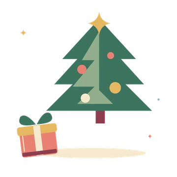 Decorated fir tree and wrapped gift.