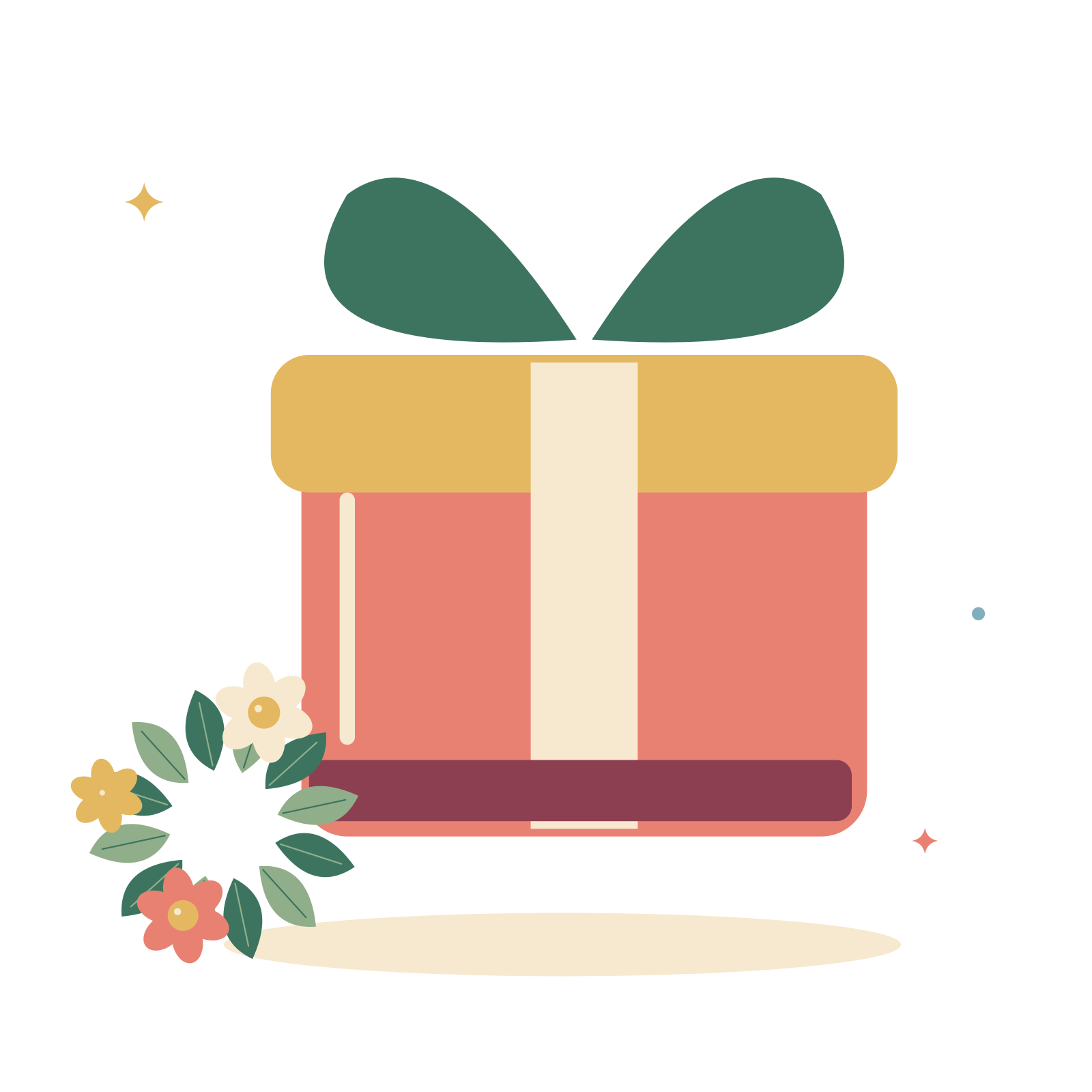Christmas present and a festive wreath.