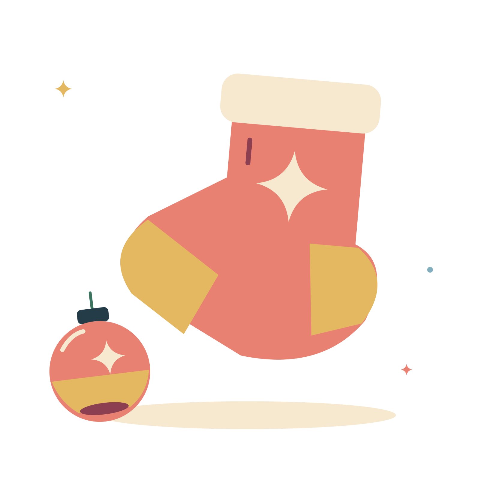 Festive stocking and golden ornament.