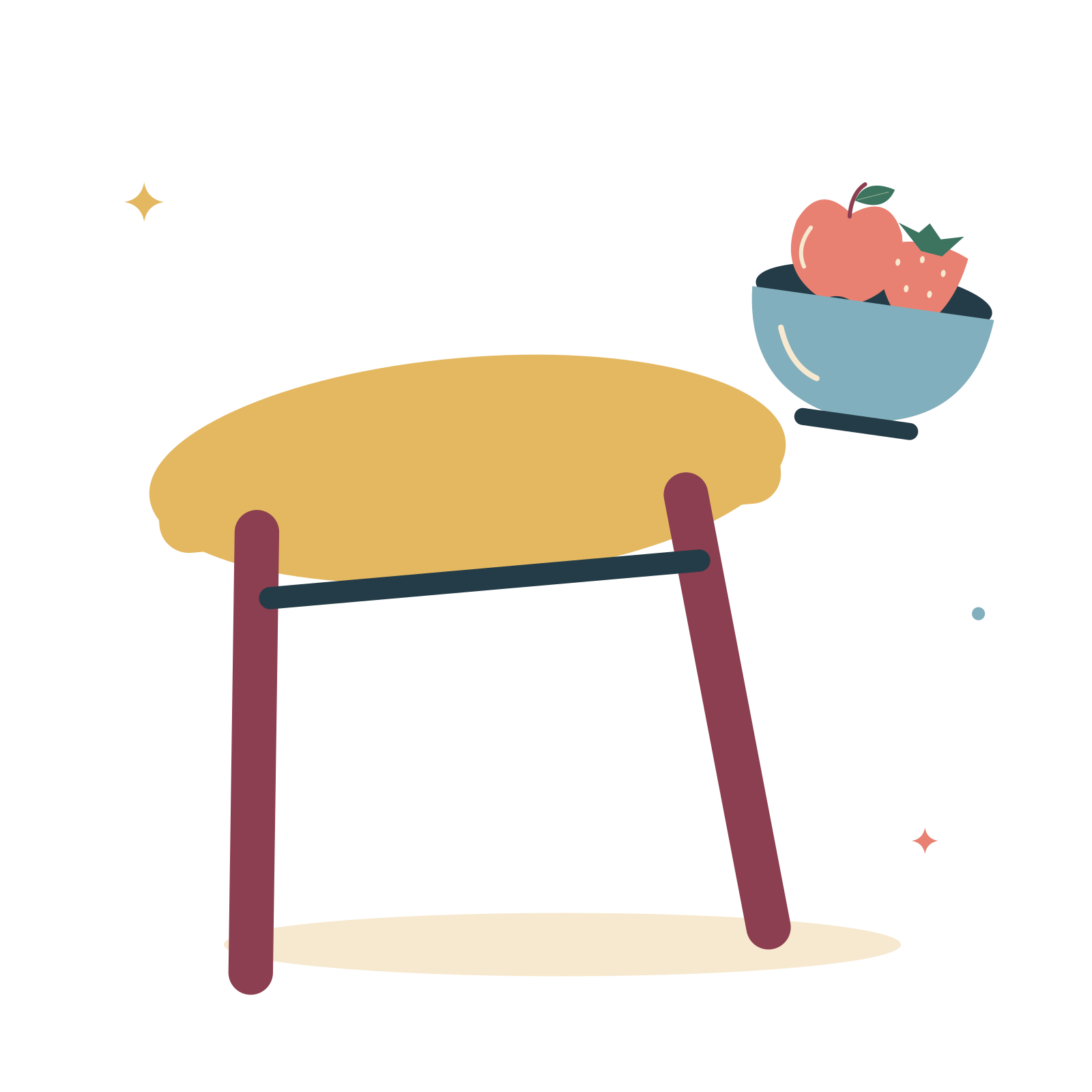 Shared table and a fresh fruit bowl.