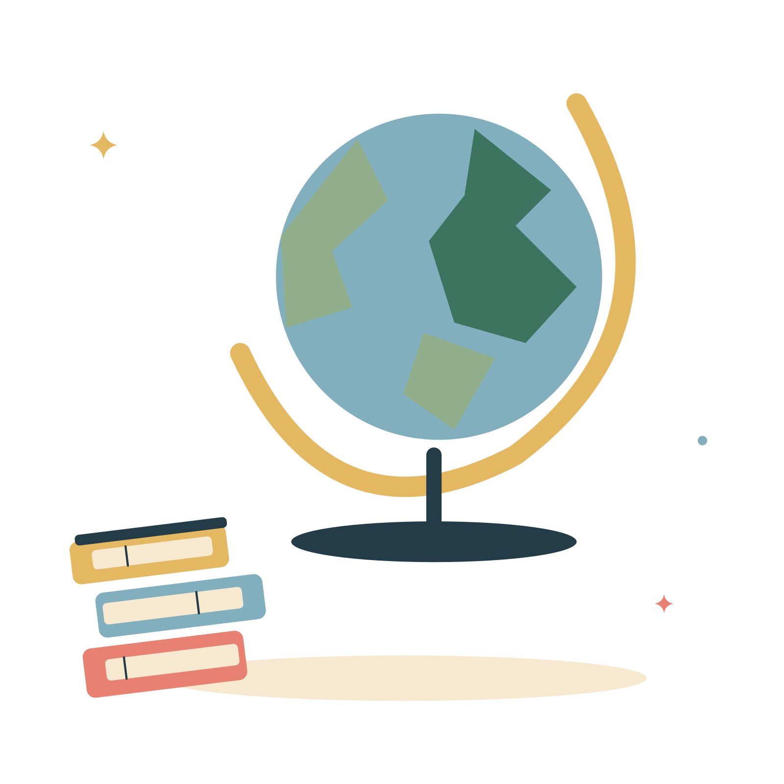 A globe beside a stack of books.