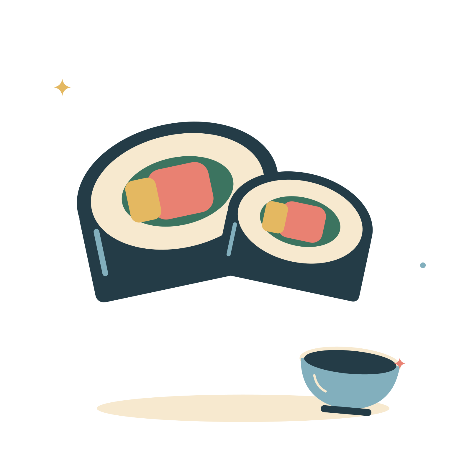 Sushi rolls and a little dipping bowl.