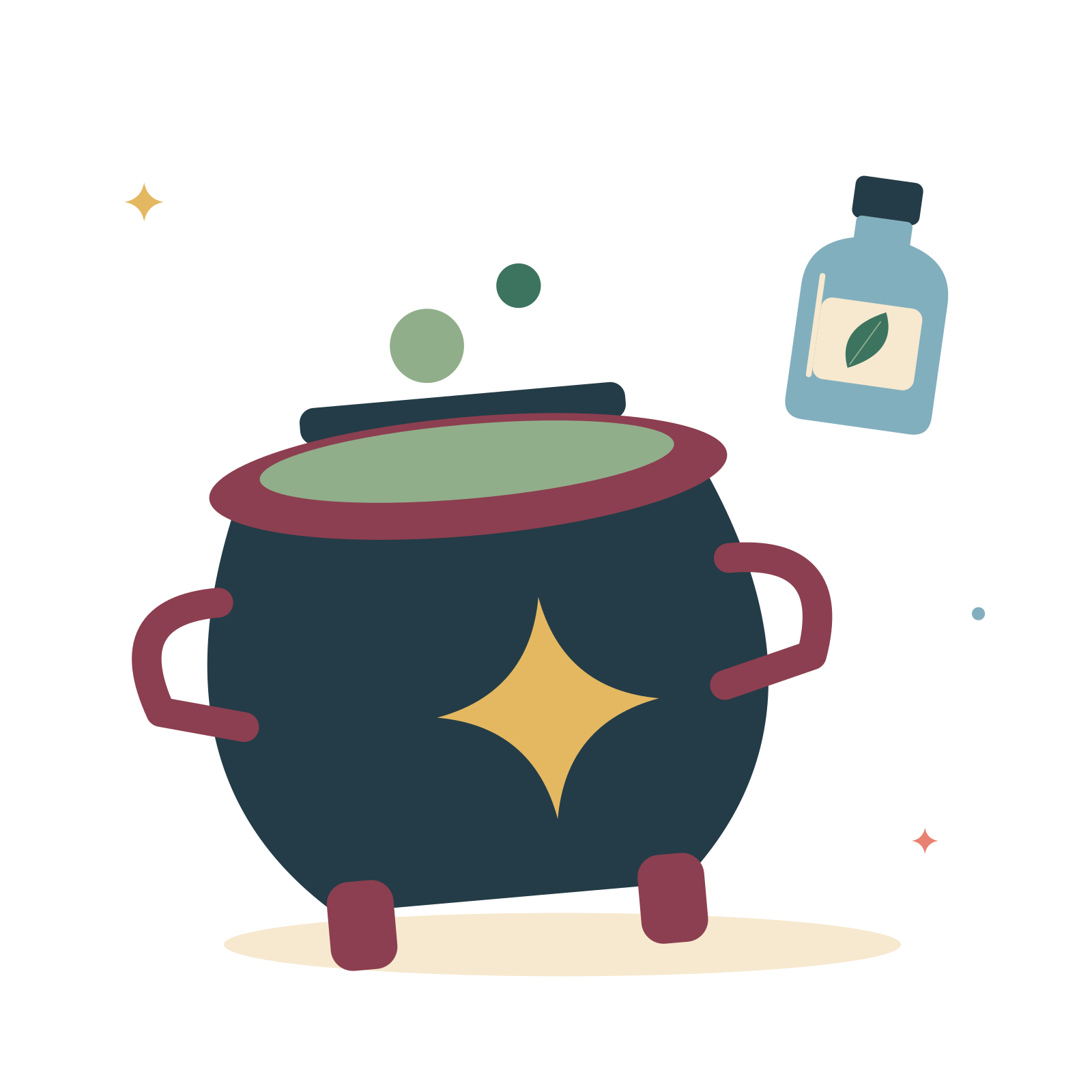 Bubbling cauldron and potion bottle.