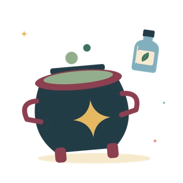 Bubbling cauldron and potion bottle.