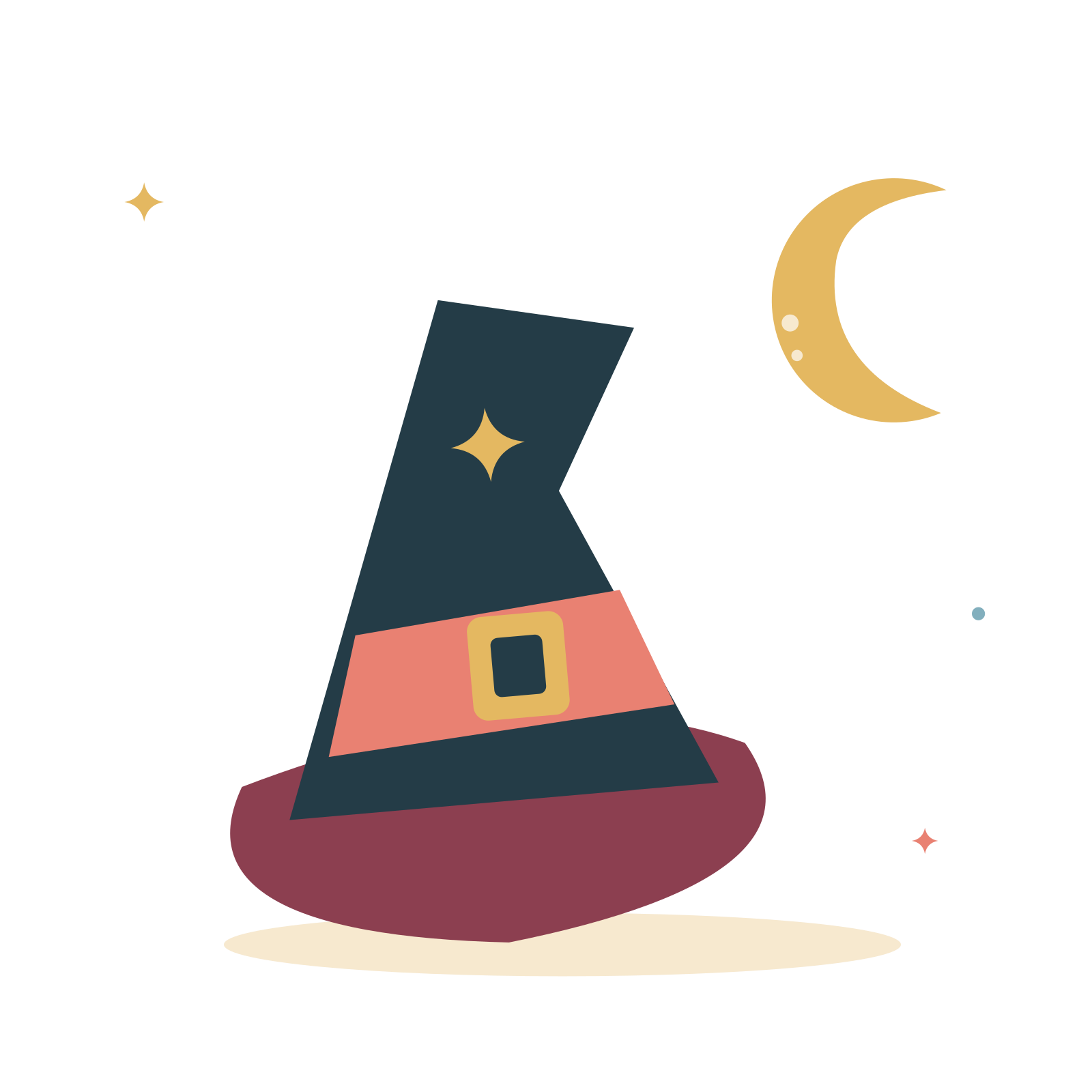 Witch hat under a golden crescent.
