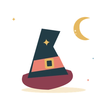 Witch hat under a golden crescent.