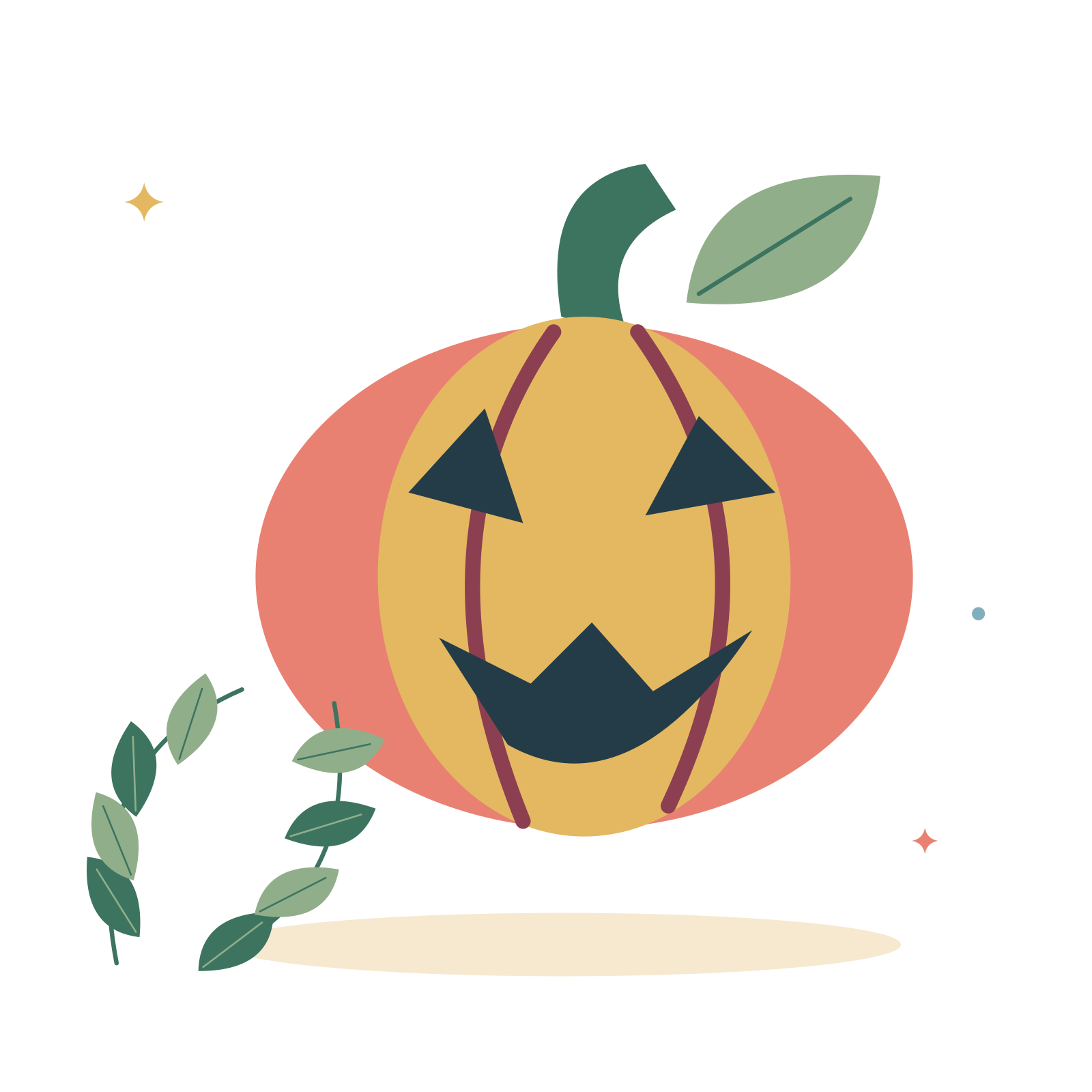 Carved pumpkin and autumn leaves.