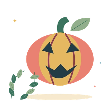 Carved pumpkin and autumn leaves.