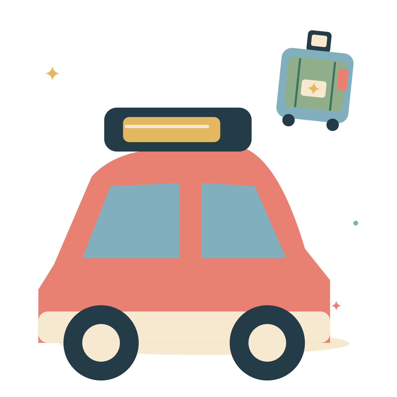 Road trip car and packed luggage.