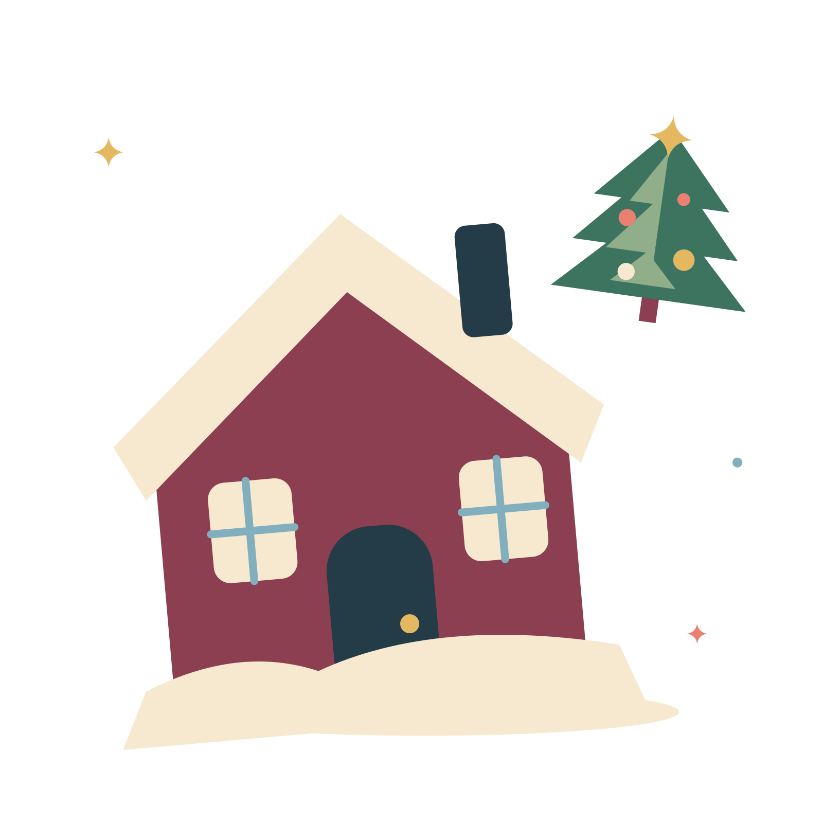 Snowy holiday cabin and winter fir.