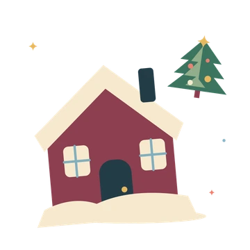 Snowy holiday cabin and winter fir.