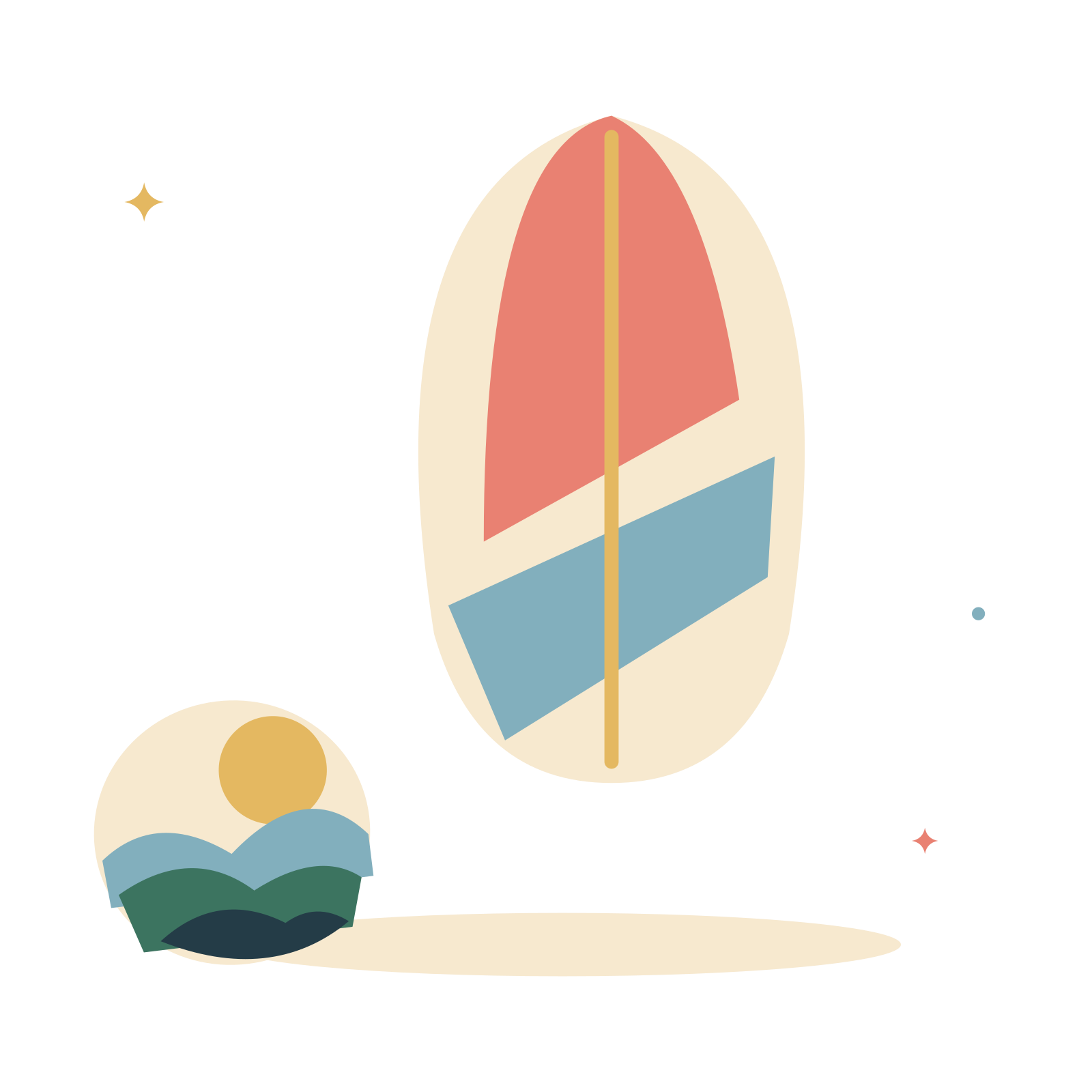 Coastal surfboard and rolling waves.
