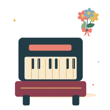 Upright piano with a little bouquet.