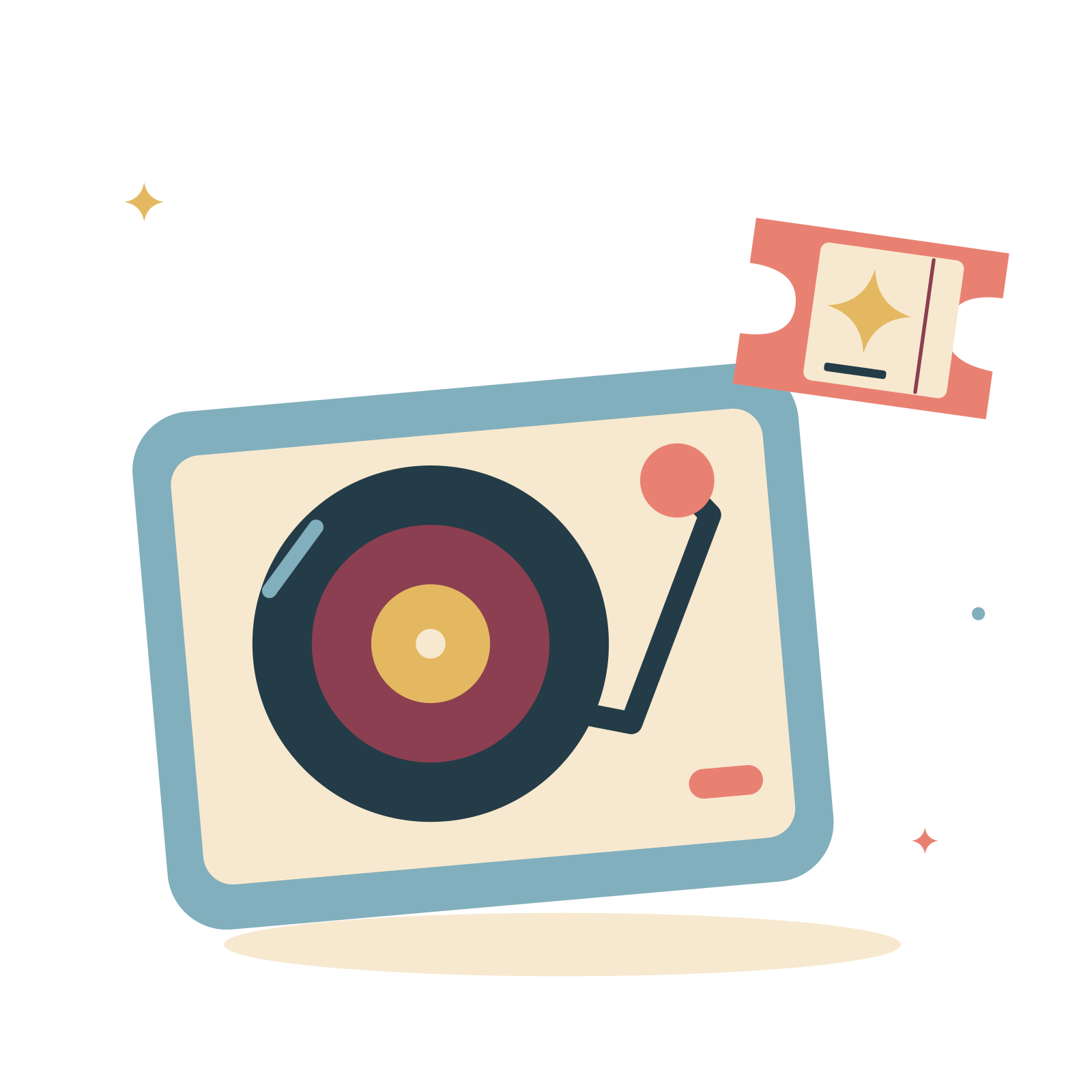 Portable turntable and a concert ticket.