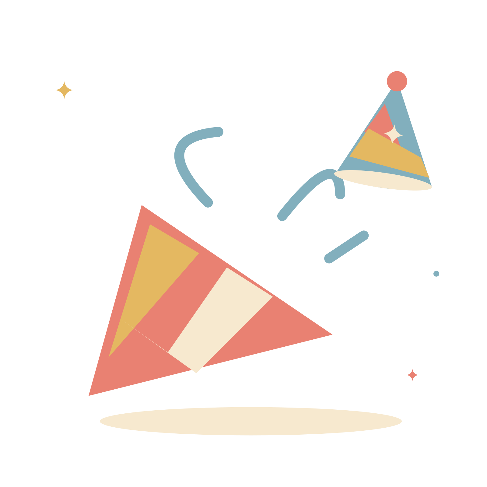 Party horn and festive confetti.