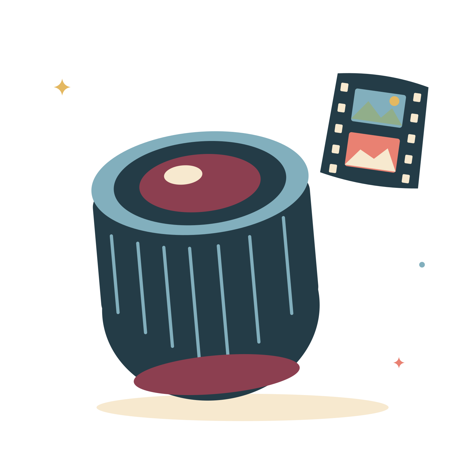 Studio camera lens and a photo strip.